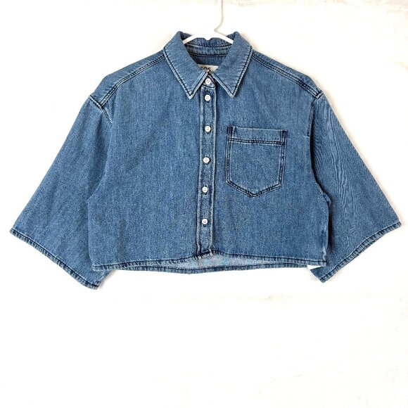 COS Oversized Cropped Elbow Sleeves Cotton Tencel Collared Denim Shirt Womens 2 - Picture 1 of 9